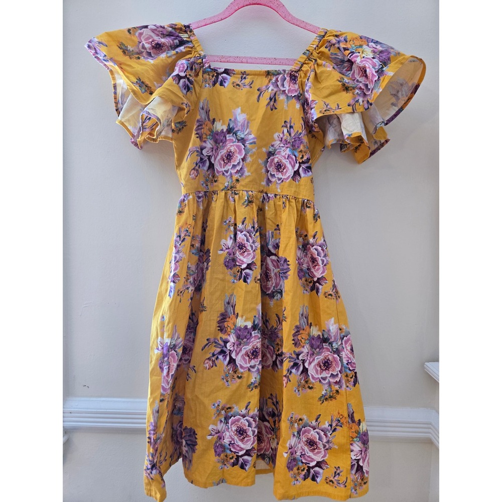 Next Girls Mustard Yellow Floral Flutter Sleeve Cutout Back Cotton‎ Dress Size 7